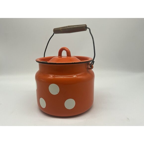 Enamel VTG  6 Inch High Mllk Can or Milk Churn Red/Orange w/White Polka Dots - Picture 5 of 16